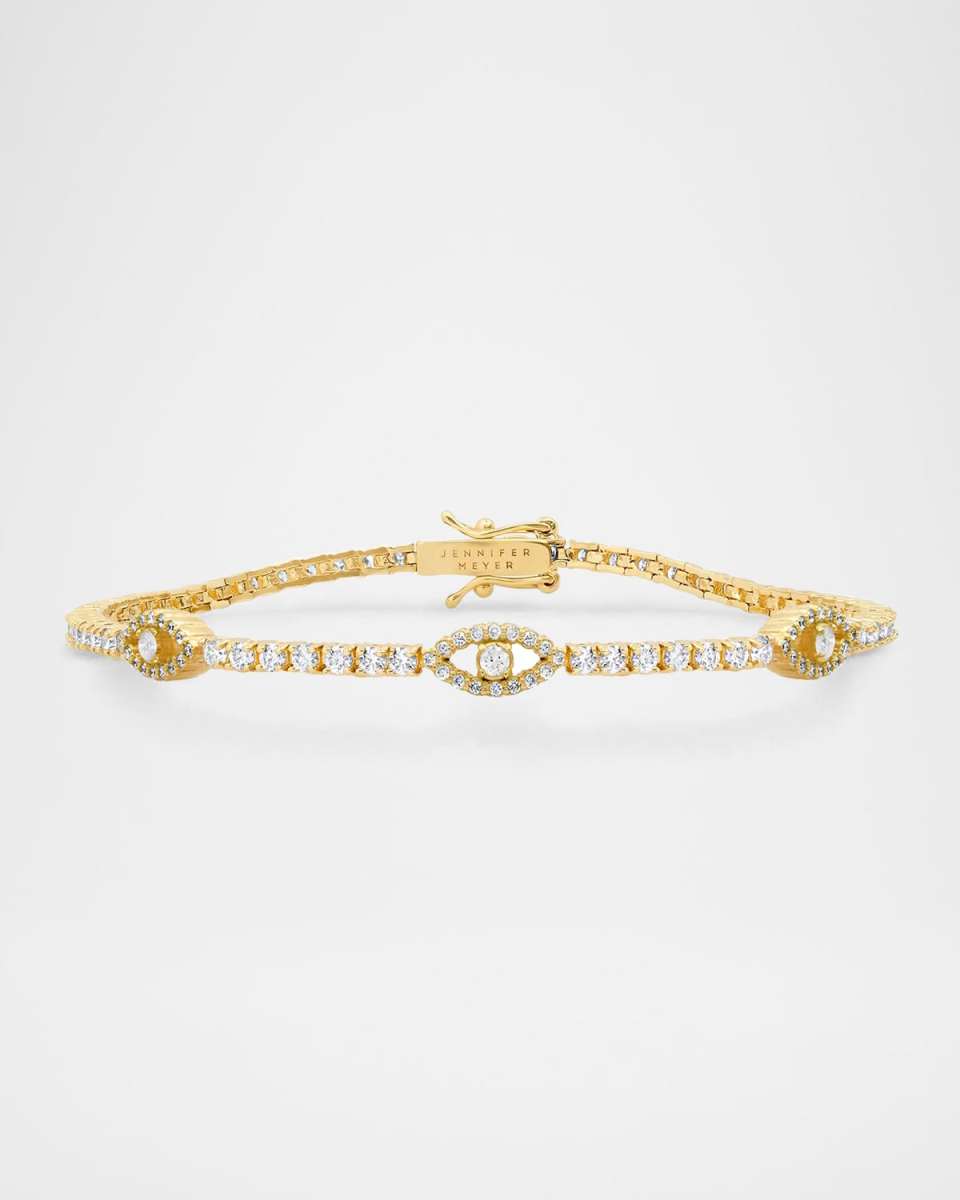 18K Yellow Gold Small 4 Prong Diamond Tennis Bracelet with 3 Mini Open Evil Eye Accents